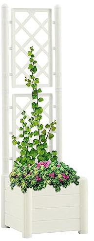 HaoChrymec Fioriera con Traliccio, Fioriera da Esterno in PP Resistente con Grigliato Integrato, Vaso da Giardino rialzato per Piante Rampicanti, Bianco, 43x43x142 cm