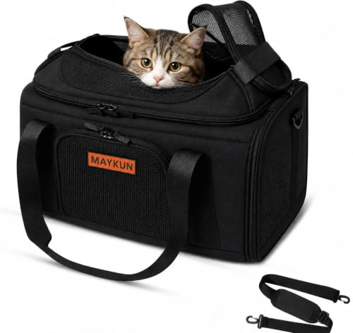 MAYKUN Top Expandable Cat Carrier Bag – Airline Approved Small & Medium Pet Travel Bag with Soft Washable Bed - Mesh Sides, Top & Front Openings - Safety Lead & Lockable Zippers (Medium)