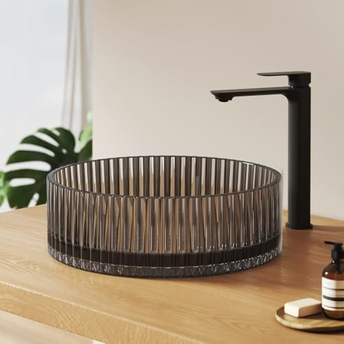 EMKE Lavabo à Poser en Verre Cristal, Rond Noir Mat, 400x400x120mm