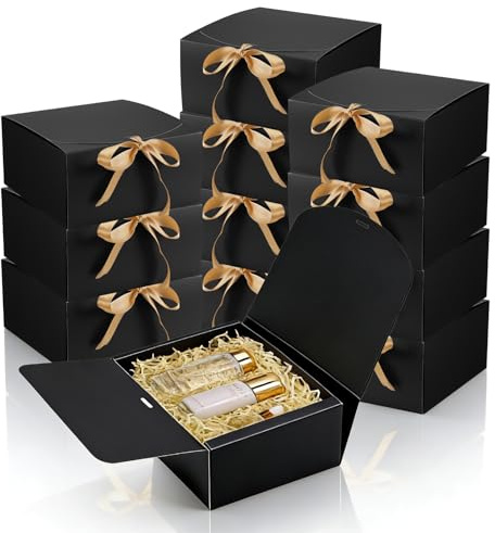 JIANTA 12x Große Geschenkbox mit Deckel, Schwarze Geschenkverpackung | 20 x 20 x 10 cm Gift Box mit Schleife, Geschenkkarton aus Kraftpapier für Hochzeit, Geburtstag, Weihnachten, Party