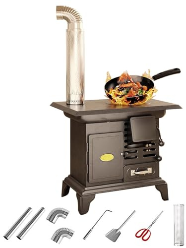 Estufa de Leña Multifuncional con Horno, Hierro Fundido Estufa Pellets Pequeña con Chimenea, Ideal para Pescar, Cocinar, Calentar y Secar Ropa