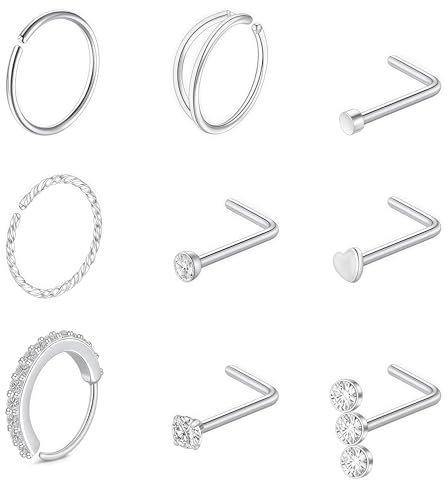 nuneoeuo 9Pcs L Shaped Nose Studs, 20G Nose Piercing, Diamond Small Nose Stud,1.5mm 2mm 2.5mm 3mm Nostril Piercing Jewelry