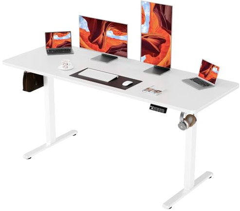 ERGOMAKER Höjdjusterbart Skrivbord 160x60 cm, 2 Minnespositioner, Vit | Höjdjusterbart skrivbord 73-118cm, Maxlast 70kg, 2 Krokar, Smart panel med säkerhetslås, Lamellskiva, Hemmakontor & gaming