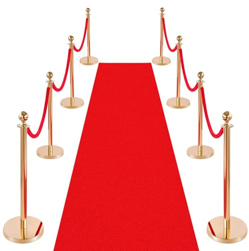 VEVOR Avstängningsstolpe 8 delar, personledningssystem set med röd matta (10 m) och 6 röda sammetslinor (1,5 m), avstängningsstativ med påfyllningsbar sockel för konserter utställningar hotell, bios