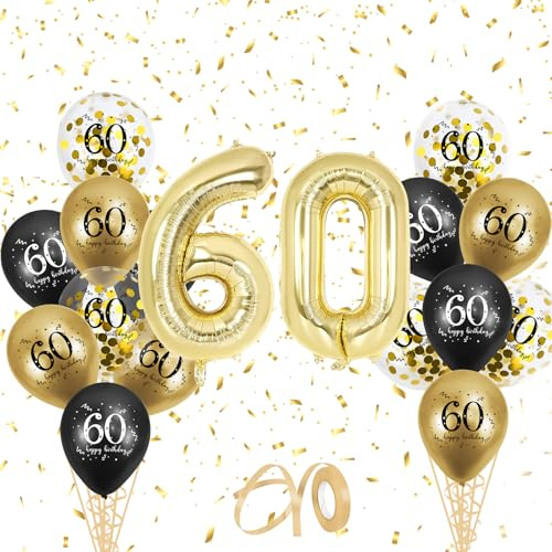 NISENTIA Luftballons 60 Geburtstag Deko, 40 Zoll 6 0 Zahlen Luftballon Folienballon Gold 12 Zoll Geburtstag Latex Luftballons Schwarz Gold Geburtstagsdeko Mann Frauen 60 Happy Birthday Balloons