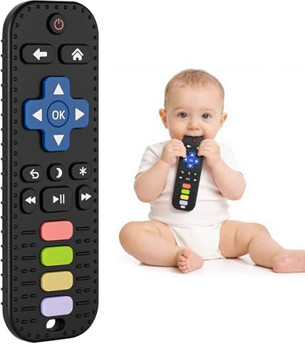 DiULi Dentizione Sollievo Dentiera Giocattoli per Bambini 3 6 12 Mesi Regali, Telecomando in Silicone Giochi Neonato da Bagno per Bambini, Giocattoli Sensoriali di Qualità Alimentare, Nero-B