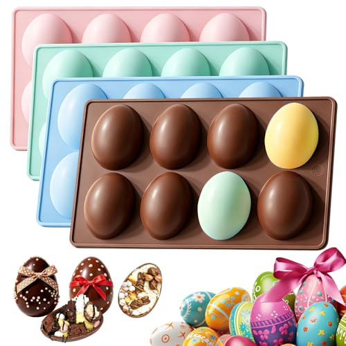 4Pcs Easter Egg Mould for Baking, 8 Cravity 3D Egg Shaped Silicone Moulds for Chocolate, Jelly, Ice Cube, Cake and Pudding, Baking Tools Accessories for Home, Birthday Parties
