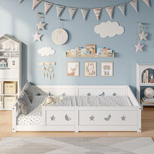Bodenbett für Kinder, 120 x 200 cm, Kinderbett 120 x 200 cm, Massivholz, Montessori-Bett mit Fallschutz und Lattenrost, Design Sterne, Mond, Barrierenbetten für Kinder und Baby (weiß, 2, 120 x 200 cm)