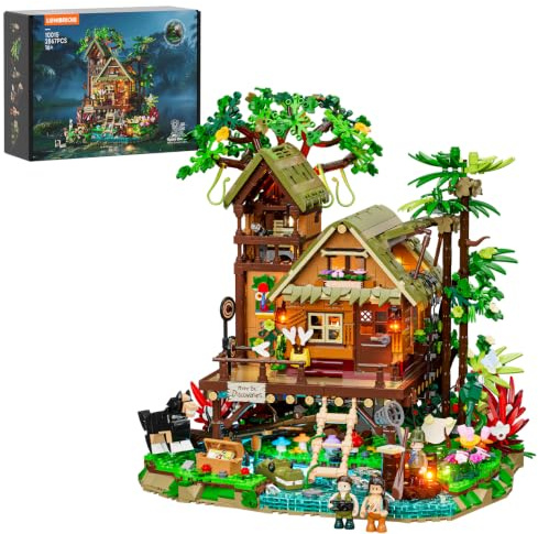 Lumibricks Misty Forest Cabin beleuchtetes Klemmbaustein-Set, 2867 Teile, Tropische Regenwald-Pfahlhütte mit verstecktem Nebelmodul und Glühwürmchen-Beleuchtung, Ausstellungsmodell für Erwachsene