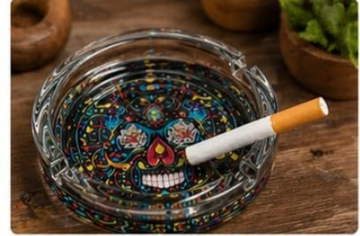 D.I.L Glass Ashtray, Skull Design, Heavy Duty, Round, Decorative Smoking Ash Tray for Home, Bar, Office & Outdoor Use