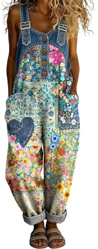 Latzhose für Damen Bunte Jeans Jumpsuit Sommer Overall Playsuit Oversized Arbeitslatzhose Gartenhose Denim Vintage Boho Patchwork Romper Lässige Hosen Große Größen Haremshose Festlich (03,M)
