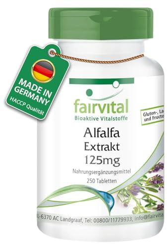 fairvital Compresse di erba medica, 250 compresse, 125 mg di estratto di erba medica per compressa, Medicago sativa (erba medica), VEGANO