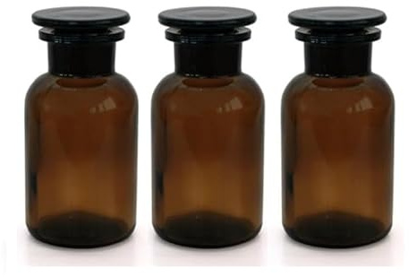 CXWK 3 x Apothekerflasche 250 ml - Farbe: Braun - inkl. Glasstopfen Weithalsflasche Apothekerglas Stopfenflasche Laborflasche Laborglas Rundschulterflasche Weithalsflaschen Stopfenflaschen