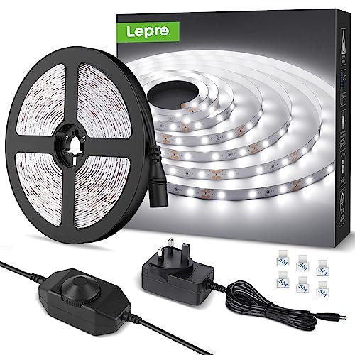 Lepro LED Strip Light White 5M 300 LEDs, 1650lm Dimmable Strip Lights for Kitchen, Cool White 6000K Daylight LED Strip for Under Units Cabinet Cupboards (12V Power Plug and Dimmer Switch Included)