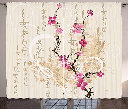 ABAKUHAUS japanisch Rustikaler Vorhang, Letters Sakura Blumen, Wohnzimmer Universalband Gardinen mit Schlaufen und Haken, 280 x 225 cm, Rosa Magenta