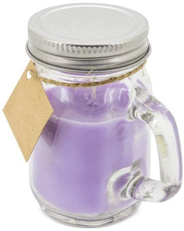 Lote de 25 Velas Aromáticas presentadas en simpática Jarrita de Cristal con asa y tapa metálica + Tarjeta Colgante. Velas para Detalles y recuerdos Bodas, Bautizos, Comuniones (Lila)