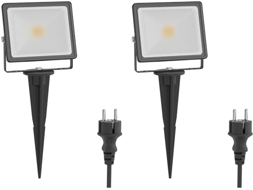 ledscom.de 2x LED Gartenstrahler FLIN mit Erdspieß & Stecker für außen, Scheinwerfer, schwarz, IP66 wasserfest, 10,93W 837lm warm-weiß