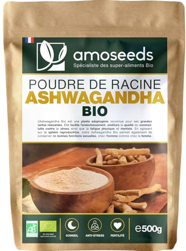 Ashwagandha en Poudre Bio 500G | Ginseng Indien | Stress, Sommeil, Adaptogène | Poudre de Racine 100% Pure d'Ashwagandha (Withania Somnifera) Biologique (Ginseng indien), Qualité Supérieure
