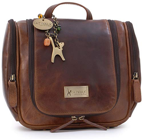 Catwalk Collection Handbags - Damen Antik - Leder Kulturtasche Groß - Kulturbeutel zum Aufhängen - Kosmetiktasche mit Viele Fächer - Maisie - Braun
