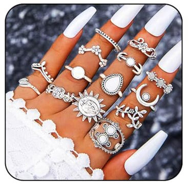 Edary Boho-Strass-Ringe-Set, stapelbare Ringe, Blumen-Fingerring, Schmuck-Accessoires für Frauen(14 Pcs)