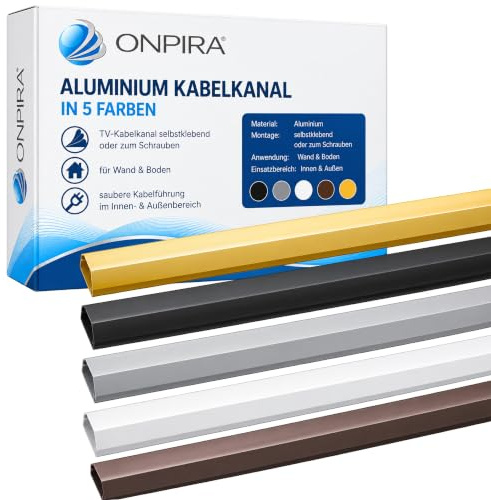 Onpira® Aluminium Kabelkanal in 5 Farben – TV-Kabelkanal selbstklebend oder zum Schrauben – für Wand & Boden – saubere Kabelführung im Innen- & Außenbereich (50x1100mm, Silber Selbstklebend: Nein)