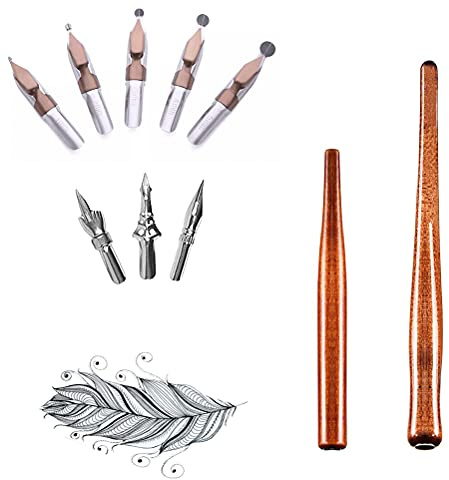 MiaLover 10 Stück Schreibfeder set,Federhalter mit Zeichenfeder für Comics, Federhalter mit Feder mit 2 Red Holz Stifthaltern 8 Federn für Karikaturisten und Künstler