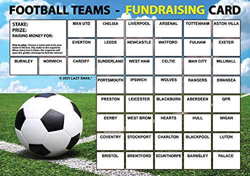 Lazy Snail ‘Football Teams’ Fundraising Cards – Pack of 8 (A4 Size, 45 Squares per Card) – Fun Golden Winner Envelopes – Full Colour Charity Fundraising Game for Schools, Sports Clubs & Events