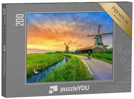 puzzleYOU: Puzzle 200 Teile „Windmühlen und Fluss bei Sonnenuntergang, Holland, Niederlande“ – aus der Puzzle-Kollektion Holland
