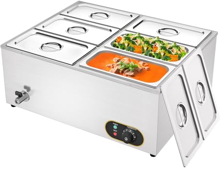 MOOTACO Commercial Food Warmer,Stainless Steel Bain Marie Buffet Warmer 1500W,Temperature Range 30-85 °C,GN 1/3 x6 Pans with Lids,Drain Tap