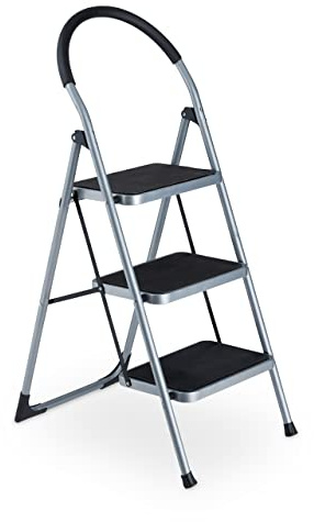 Relaxdays Scala Pieghevole a 3 Gradini, da Casa, Carico Max. 150 kg, Scaletta con Maniglia Antiscivolo, Grigio Nero