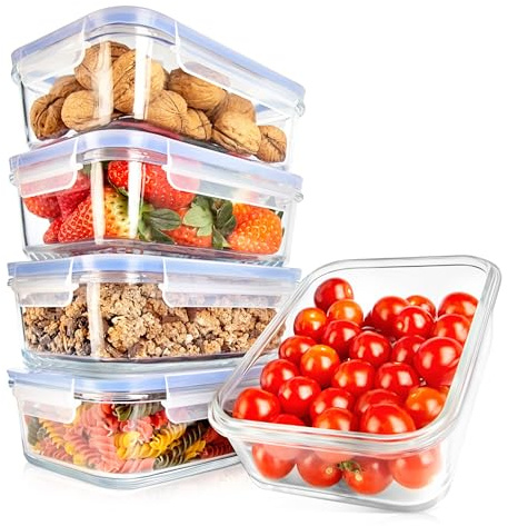 Nutrichef tuppers de cristal herméticos con orificio de aire, 5 recipientes apilables y 5 tapas, Aptos para microondas, Horno y congelador, Sin BPA
