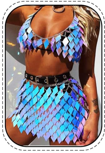 IYOU Pailletten Quaste Körperkette Outfits BH Rock Blau Bikini Rave Festival Party Strand Mode Clubkleidung Zubehör zum Damen(blau)