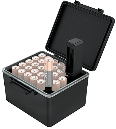 JJC 28 Fächer AA Batterie Organizer Aufbewahrungskoffer mit Batterietester, Wasserabweisender Harthalter Batterien Organizer mit abnehmbarem Batterieprüfer für 28 AA-Batterien