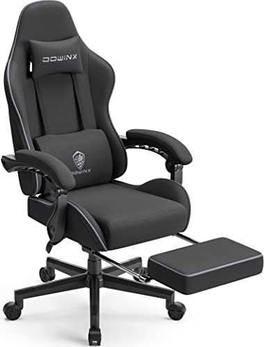 Dowinx Gaming Stuhl Tasche Frühling Kissen, Atmungsaktiver Bürostuhl aus Hochwertigem Stoff, Ergonomischer PC-Stuhl mit Kopfstütze, Drehbarer Schreibtischstuhl mit Fußstütze,Schwarz