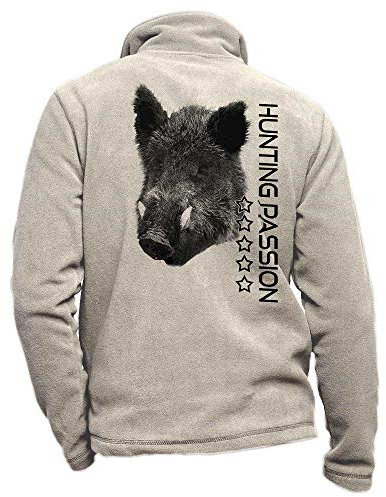 Personalisierte beige Fleece-Jagdjacke mit Wildschwein und Jagdleidenschaft - Jagdbekleidung in Größe M