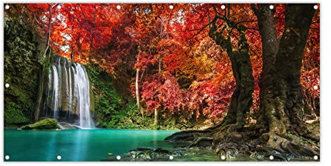 MuchoWow® Balkon Sichtschutz Sichtschutzmatte Balkonbanner Abdeckung für Terrasse Balkon Windschutz Blickdicht Wetterfest 200x110 cm Wasserfall - Baum - Rot - Herbst - Wasser