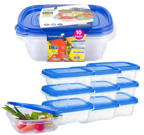 HOMESHOPA Food Storage Containers with Blue Lid 750ml, 10 Pack Rectangular BPA Free Plastic Containers with Airtight Lids, Reusable, Stackable, Nestable Meal Prep Boxes
