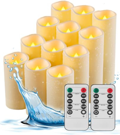Fanzir Candele LED impermeabili timer telecomando, candela elettrica tremolante alimentata a batteria da esterno, D5,5 cm x H10 cm 13 cm 15 cm 17 cm Plastica 12 pezzi