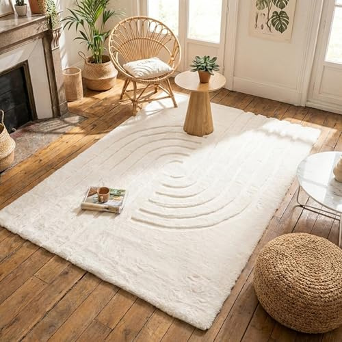 FRAAI | Home & Living Hochflor Teppich - Carvy Curves Creme - 160x230 cm - Boho, Modern, Skandinavisch - Wohnzimmer, Kinderzimmer, Schlafzimmer, Babyzimmer - Fellteppich