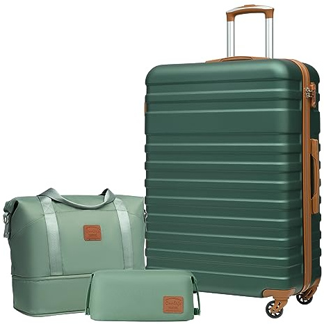 COOLIFE Valise, Valises Grande Taille Valise Soute, Sets de Bagages Comprend 1 Sac de Voyage et 1 Trousse de Toilette, Cadenas TSA pour Les Voyages, Abricot + Vert Foncé, Set de 3 Valises (28)