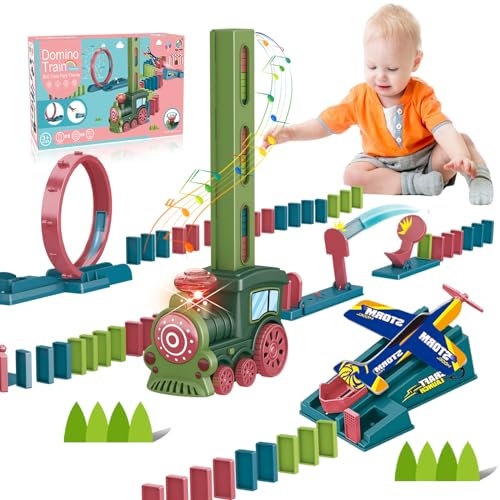 FORMIZON Domino Zug Spielzeug, Kinder Elektrischer Zug mit 120 Stück Domino Blöcken und Spiel Zubehör, Automatischer Dominosteine Zug Spiel, Domino Baustein Zug Lernspielzeug für Jungen Mädchen (Züge)