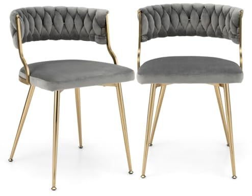 TANGZON Dining Chairs Set of 2, Velvet Upholstered Kitchen Chairs with Woven Backrest, Metal Legs & Adjustable Foot Pads, Reception Accent Chairs for Home Kitchen Dining Living Room Lounge (Grey)