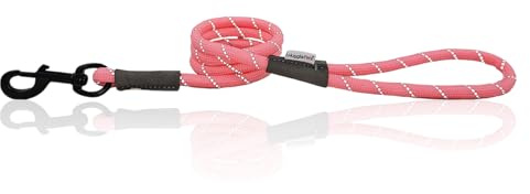 HugglePets Reflective Rope Dog Lead - Pink (107cm x 1cm) High Visibility Weatherproof Lead for Dogs with Reflective Stitching & Easy-to-Attach Metal Swivel Trigger.
