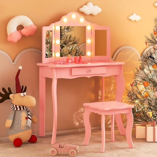 Costzon Kids Vanity, Girls Vanity Set with Mirror and Stool and Lights, Drawer, 2 in 1 Wooden Princess Makeup Desk Dressing Table, Toddler Vanity, Kids Vanity Table and Chair Set (Pink)