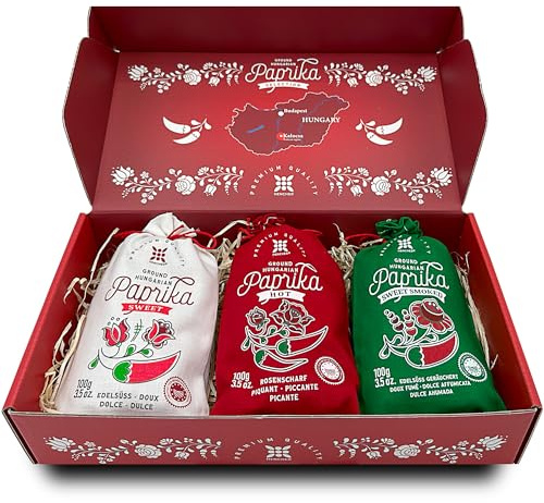 Paprika Hongrois Coffret Cadeau (3x100g) Importé de Kalocsa, Hongrie, 3 Saveurs : Doux, Fort et Doux Fumé