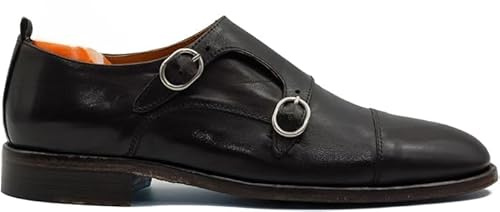 Monk Shoes da Uomo in Pelle Italiana Fatte a Mano con Doppia Fibbia Suola in Cuoio [IT-7210-NEW-DIVER-NERO-41]