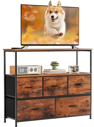 ANTONIA TV-Ständer Kommode für Schlafzimmer mit 5 Stoffschubladen, Entertainment Center für 45-Zoll-Fernseher, Medienkonsolentisch mit Stauraum, offenes Regal, verstellbare Füße, Wohnzimmermöbel