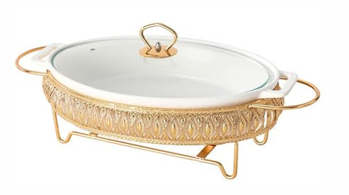 Ceramics Chafing Dish Buffet Set, Food Warming Container, Buffet Warmer Set With Glass Transparent Lid, Gold Chafing Dish, For for Buffet Weddings, Parties, Banquets,S