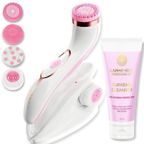 Lumineo PRO deep Facial Cleansing, face Brush with 4 Brush attachments, USB-C, IPX6 Waterproof, with Cleansing Gel for Acne-Prone, Oily and Flaky Skin (Rose)