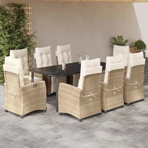 Keyroto Polyrattan Sitzgruppe mit 8 Gartenstuhl Hochlehner Verstellbar Garten Essgruppe 8 Personen Rattan Gartenmöbel Set Garten Essgruppe Gartengarnitur Sitzgarnitur Beige Type-75